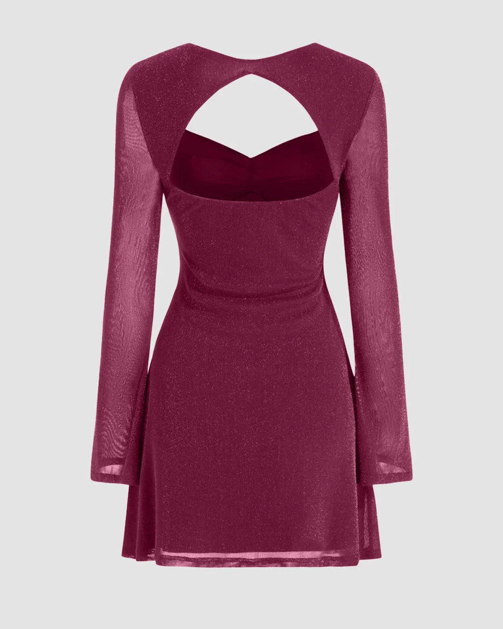 Sweetheart Bell Sleeve Glitter Cut Out Ruched Mini Dress in Maroon