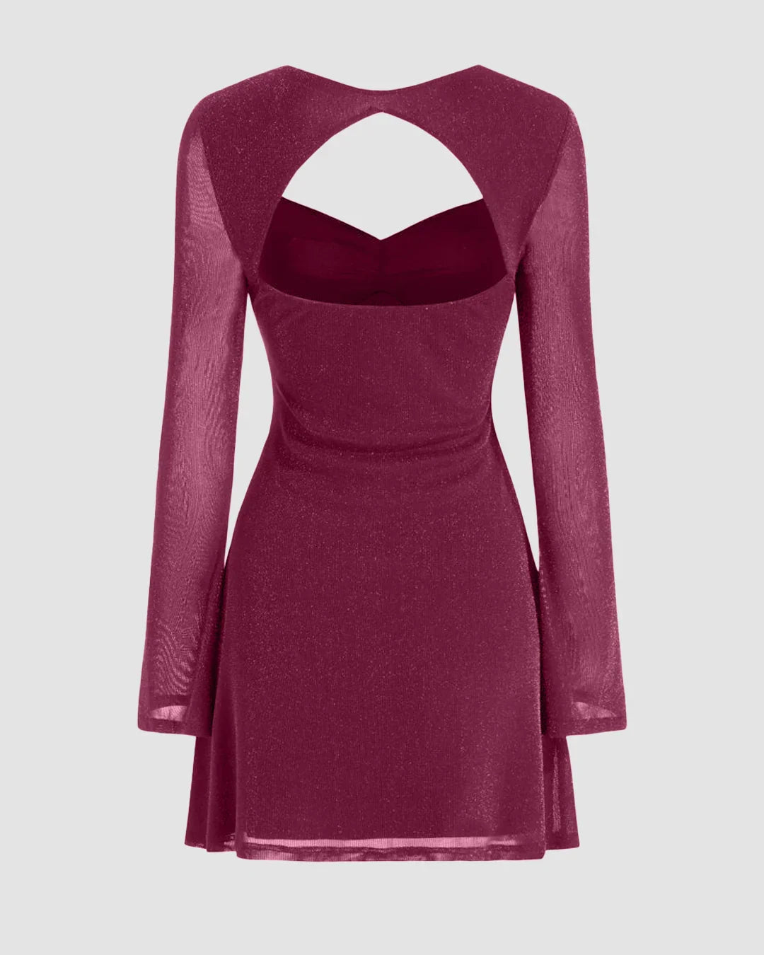 Sweetheart Bell Sleeve Glitter Cut Out Ruched Mini Dress in Maroon