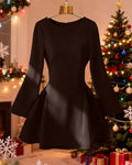 Solid Round Neck Full Sleeve Fit & Flare Mini Dress in Coffee