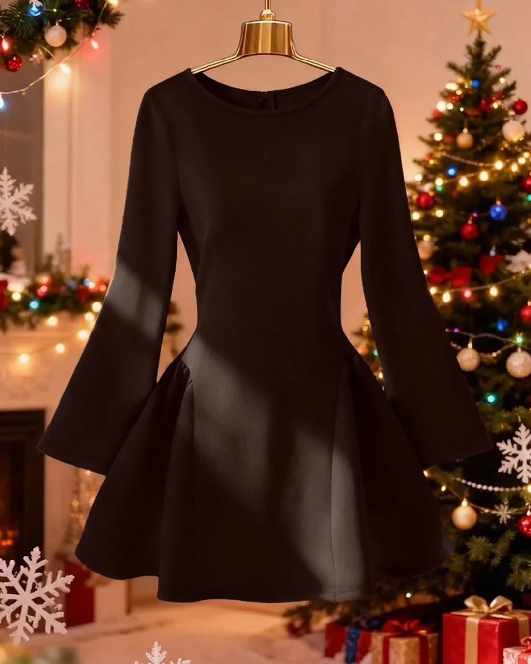 Solid Round Neck Full Sleeve Fit & Flare Mini Dress in Coffee