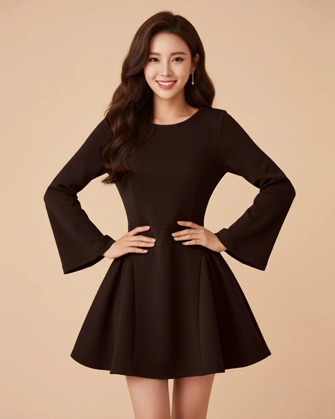 Solid Round Neck Full Sleeve Fit & Flare Mini Dress in Coffee