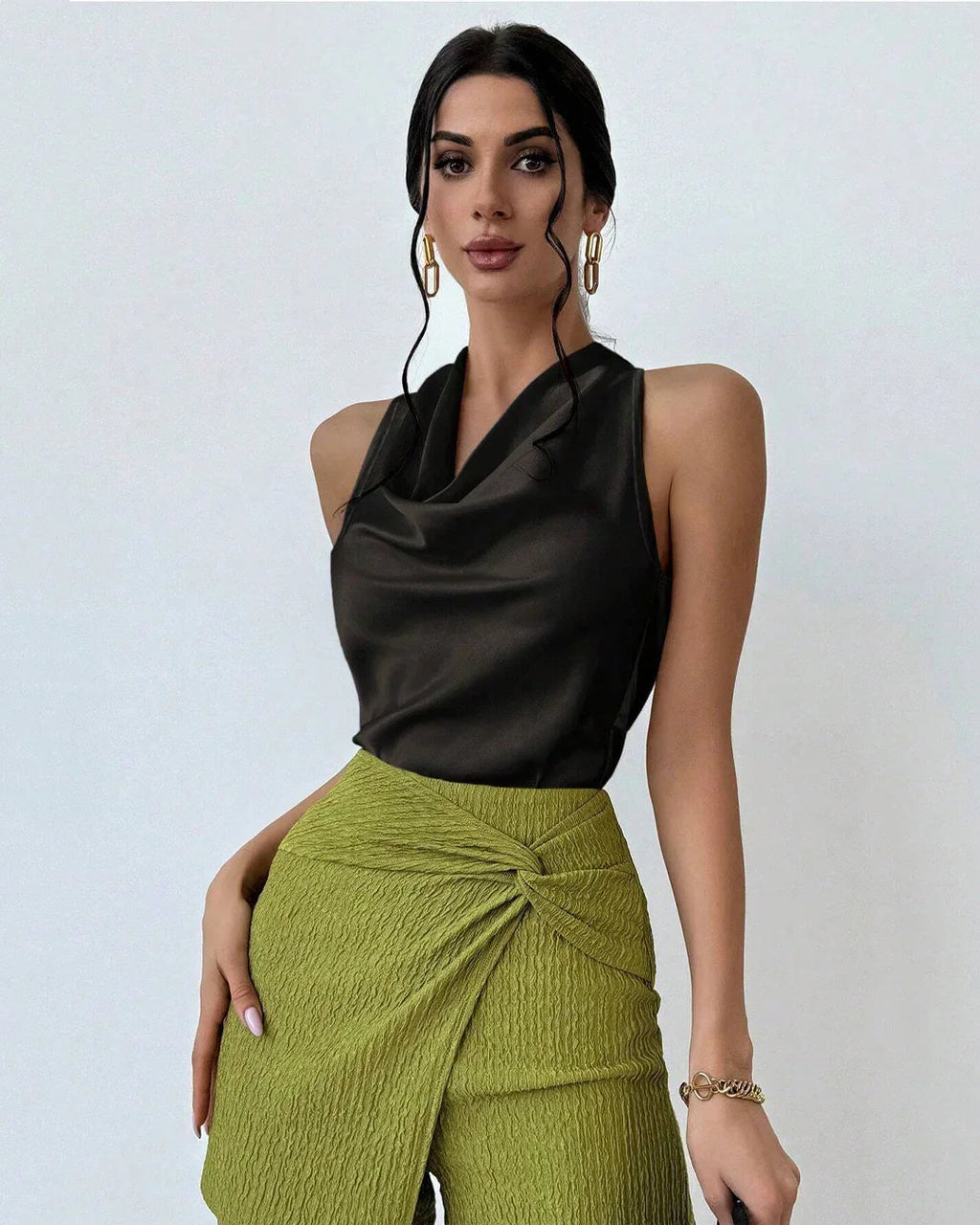 Black Solid Cowl Neck Sleeveless Top for Women