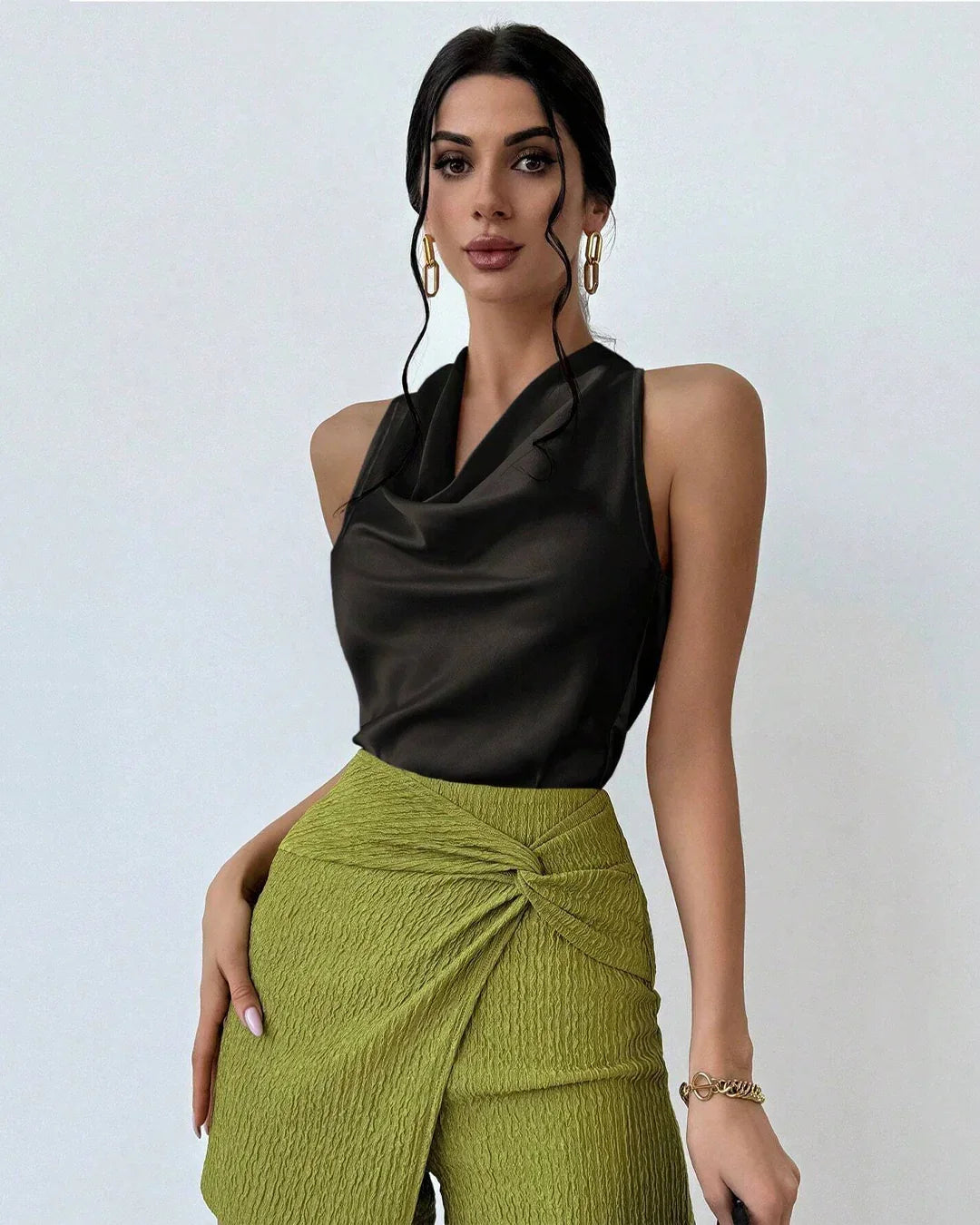 Black Solid Cowl Neck Sleeveless Top for Women