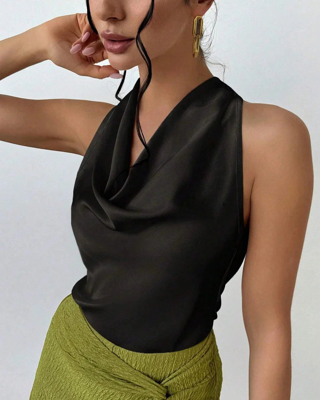 Black Solid Cowl Neck Sleeveless Top for Women