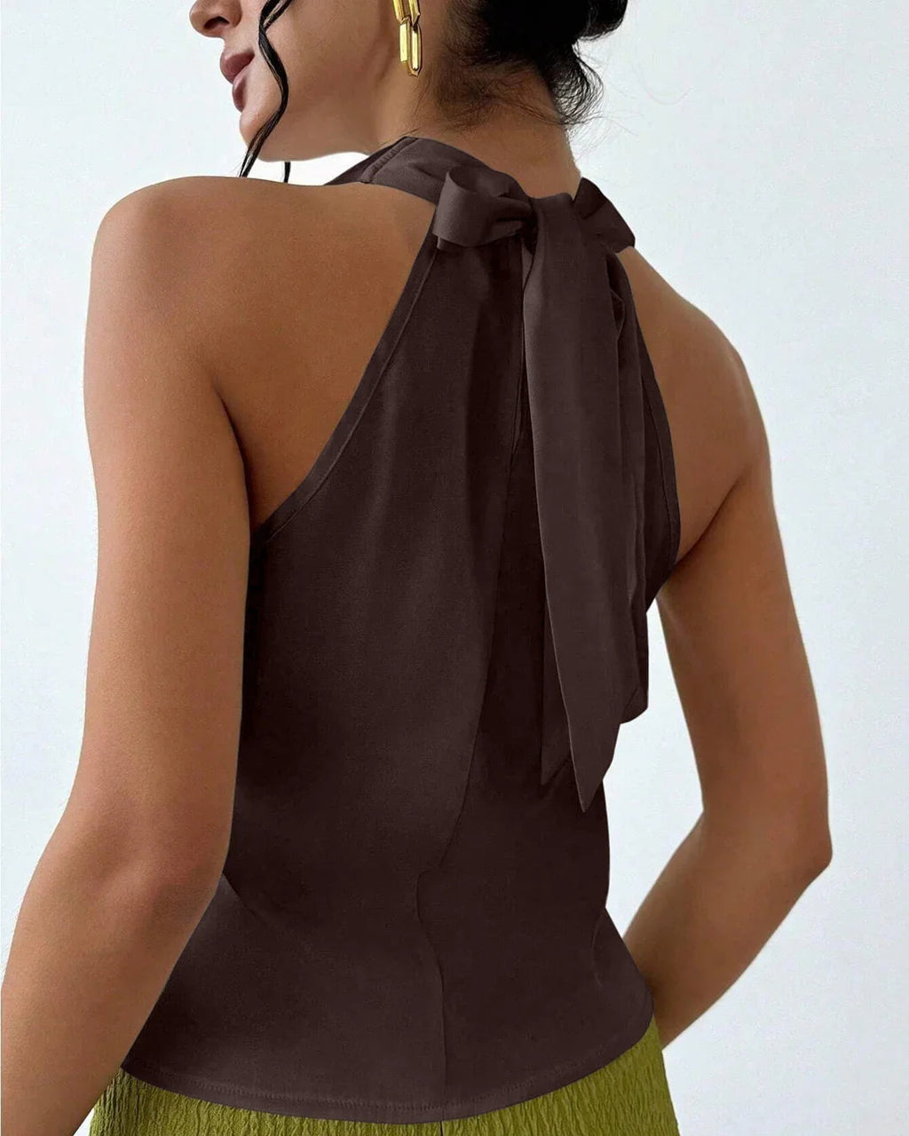 Coffee Solid Cowl Neck Sleeveless Top for Women