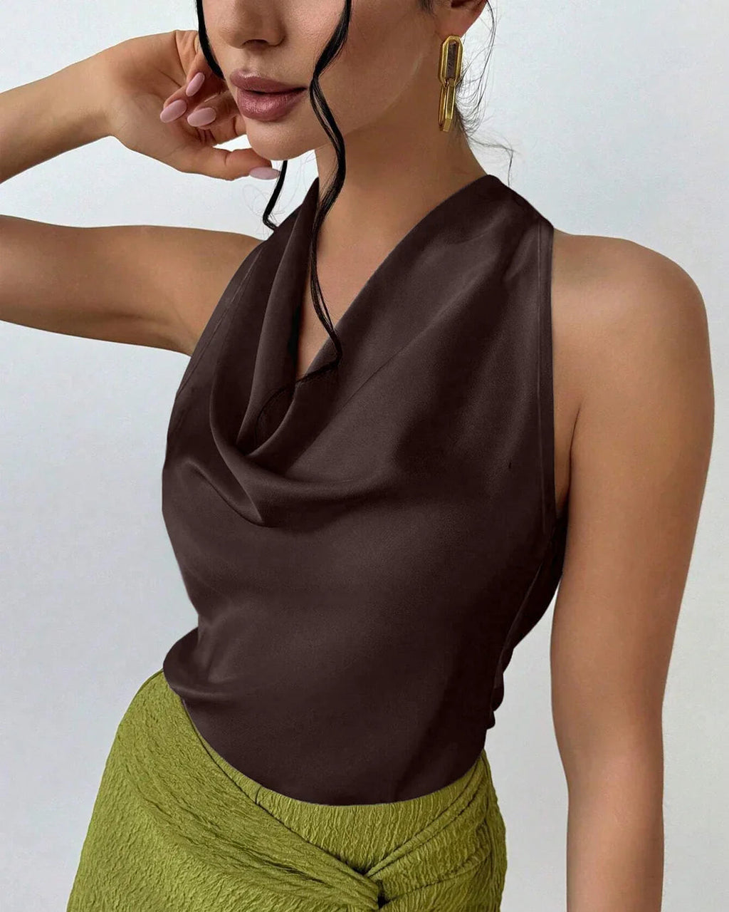 Coffee Solid Cowl Neck Sleeveless Top for Women