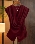 Red Solid Color Deep V-Neck Twist Knot Asymmetrical Top