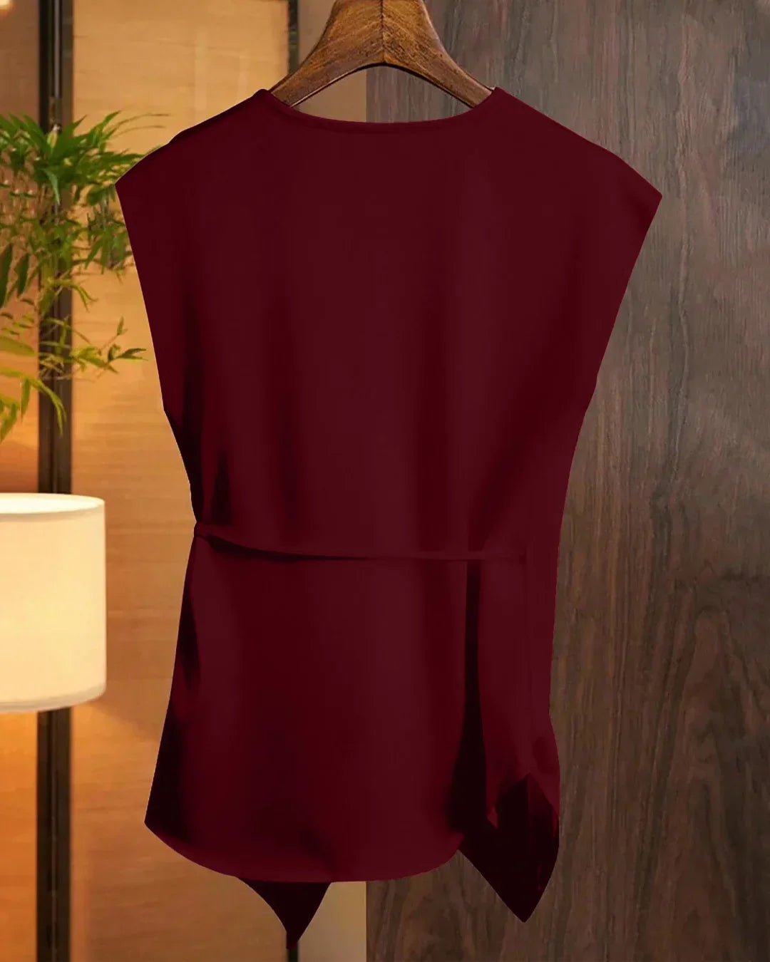 Red Solid Color Deep V-Neck Twist Knot Asymmetrical Top