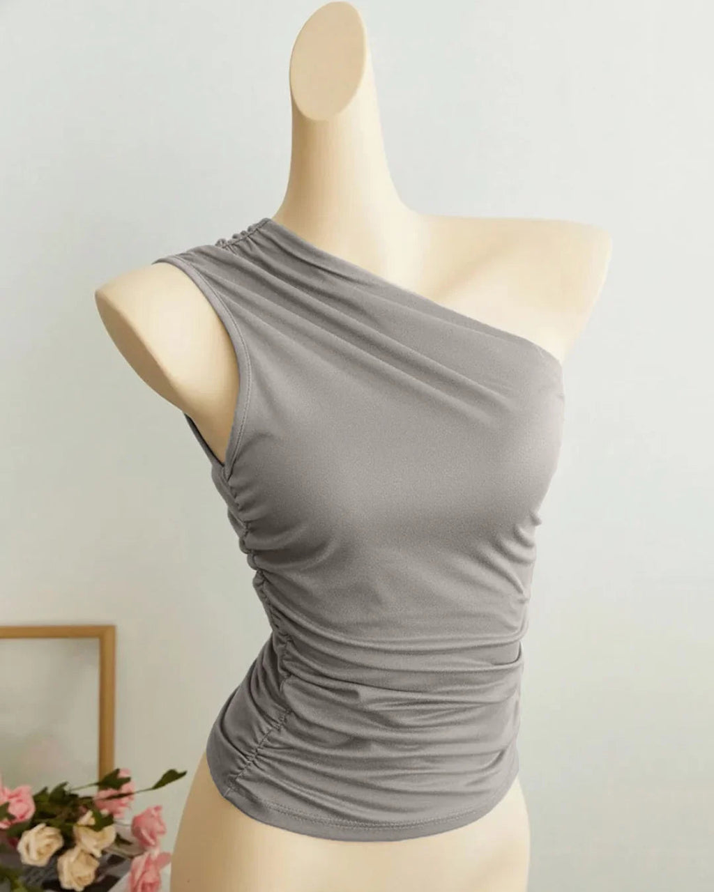 Ruched Asymmetrical Neck Sleeveless Fitted Top in Grey
