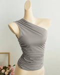 Ruched Asymmetrical Neck Sleeveless Fitted Top in Grey