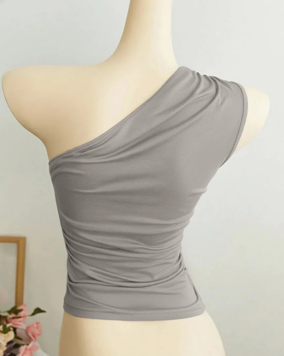 Ruched Asymmetrical Neck Sleeveless Fitted Top in Grey
