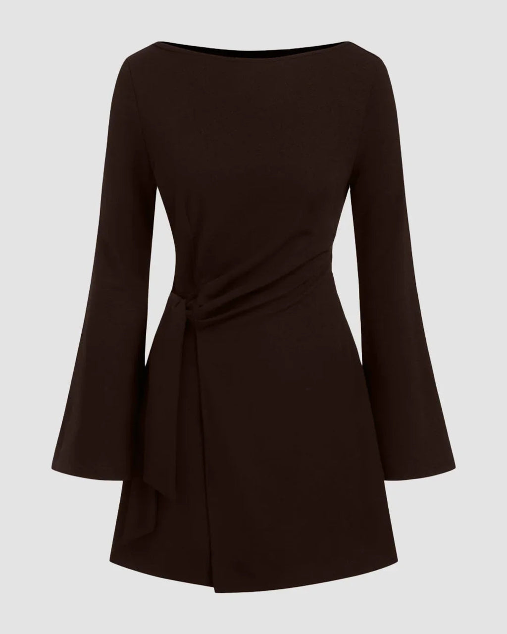 Boat Neck Bell Sleeve Tie Side Ruched Mini Dress