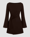 Boat Neck Bell Sleeve Tie Side Ruched Mini Dress