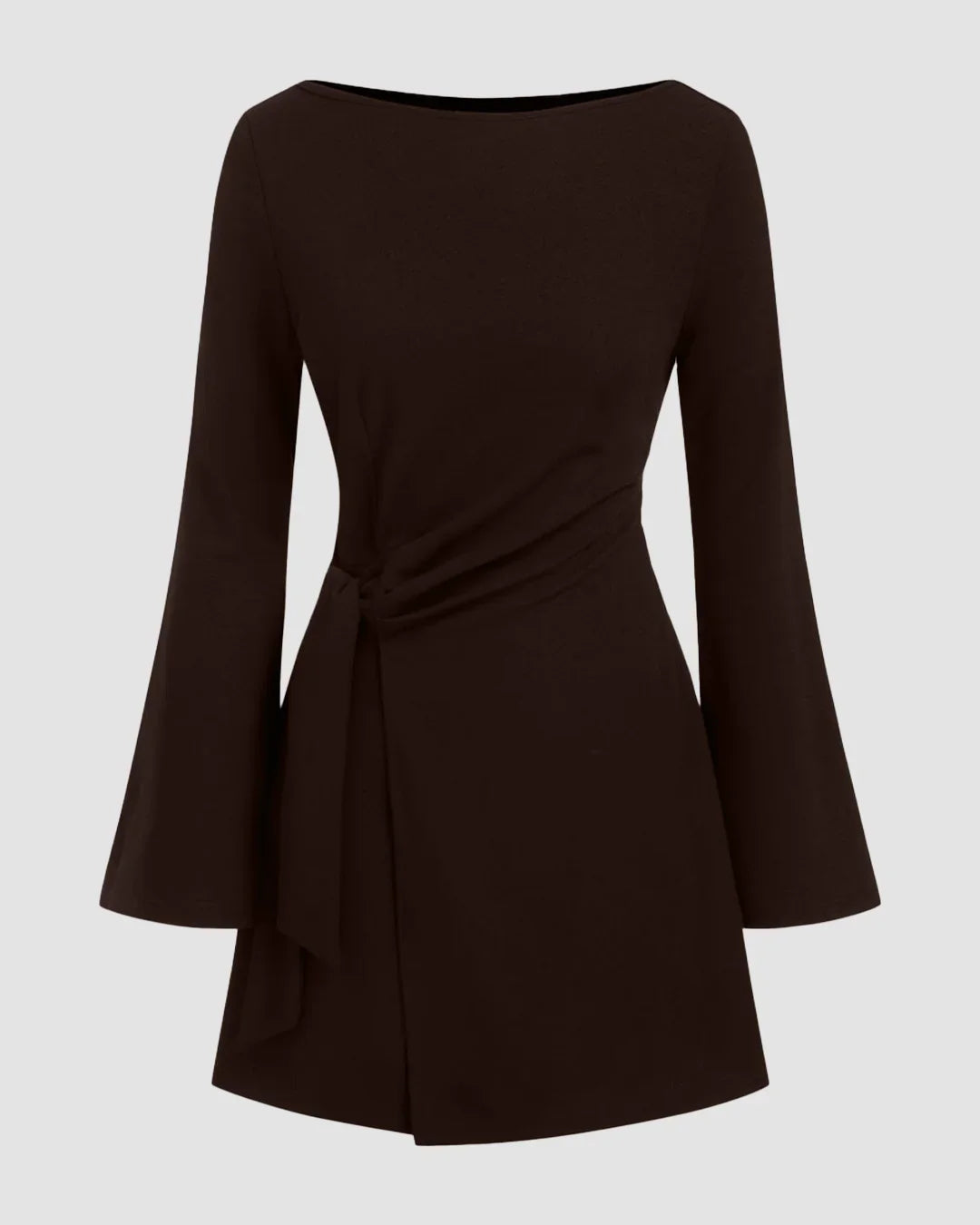 Boat Neck Bell Sleeve Tie Side Ruched Mini Dress