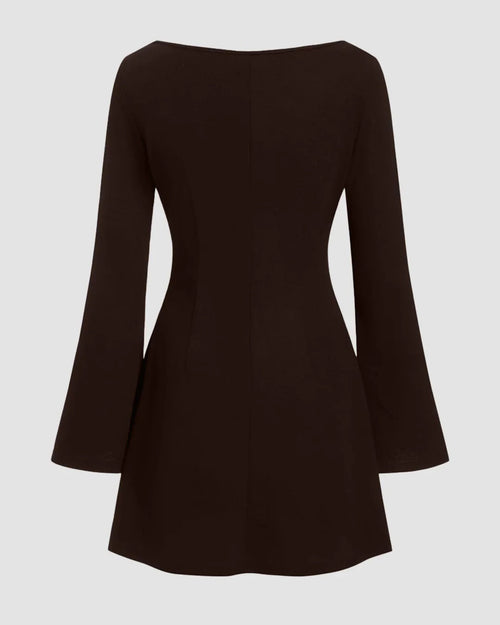 Boat Neck Bell Sleeve Tie Side Ruched Mini Dress