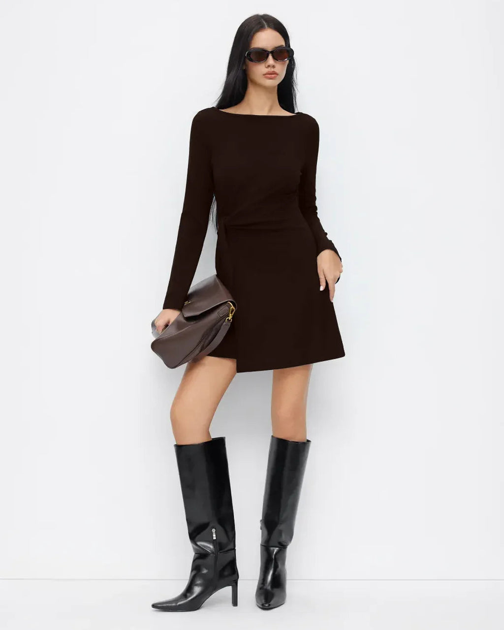Boat Neck Bell Sleeve Tie Side Ruched Mini Dress