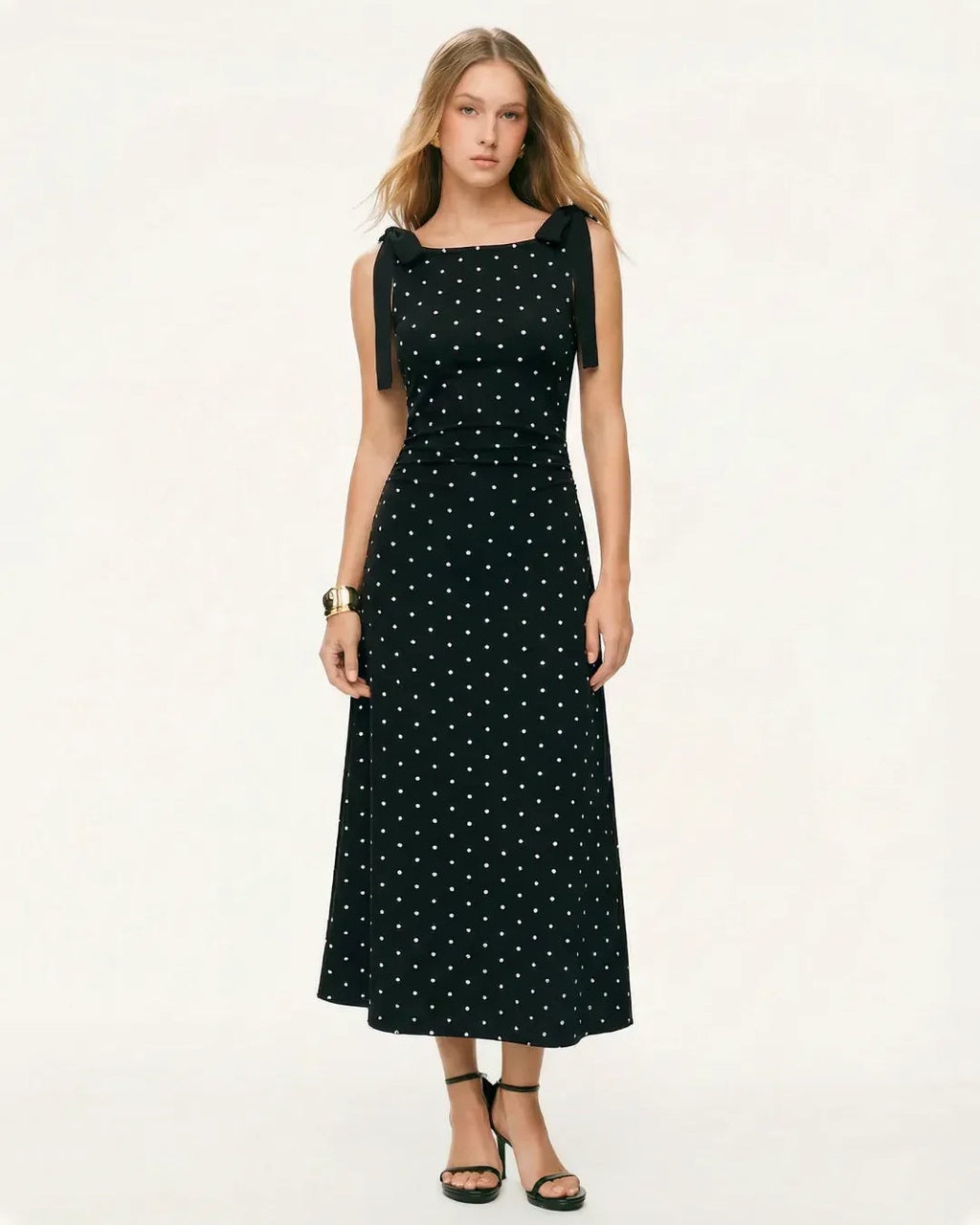 Boat Neck Polka Dot Bowknot Midi Dress