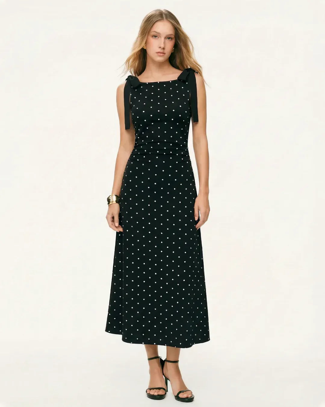 Boat Neck Polka Dot Bowknot Midi Dress