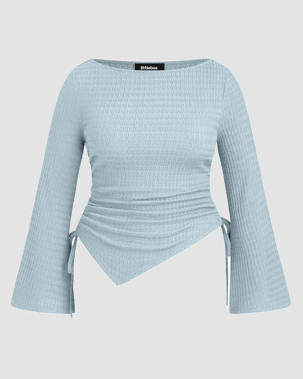 Boat Neck Ruched Drawstring Bell Sleeve Top Curve & Plus in Sky Blue