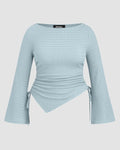 Boat Neck Ruched Drawstring Bell Sleeve Top Curve & Plus in Sky Blue