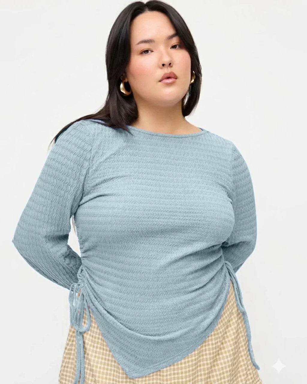 Boat Neck Ruched Drawstring Bell Sleeve Top Curve & Plus in Sky Blue