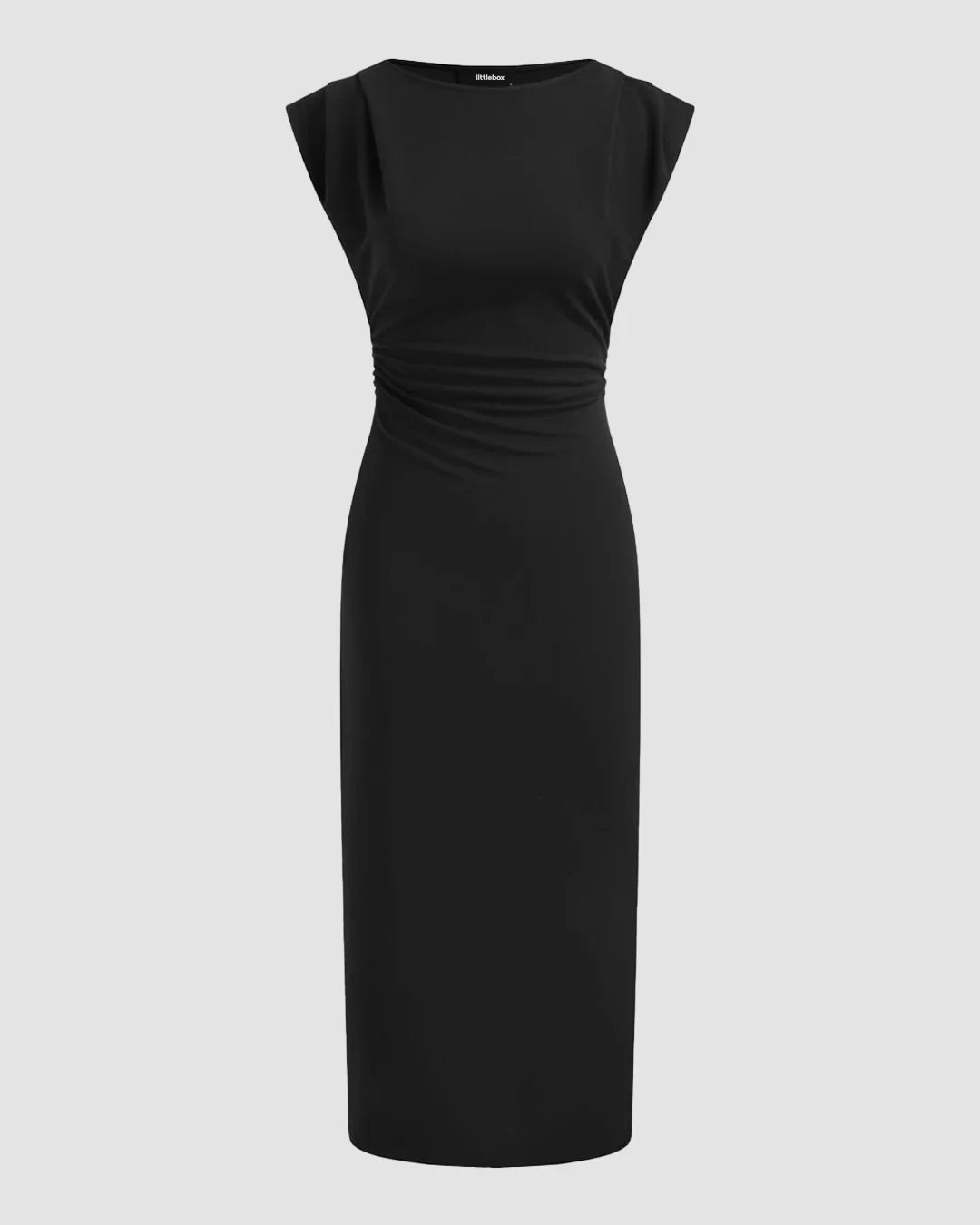 Boat Neck Solid Ruched Maxi Dress in Black