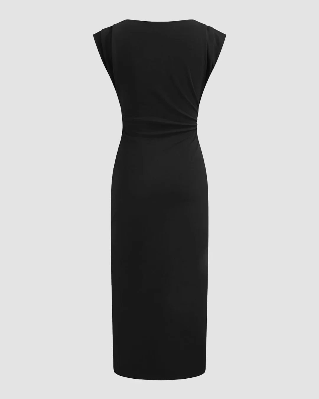 Boat Neck Solid Ruched Maxi Dress in Black