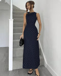 Navy Blue Polka Dot Tie-Strap Open Back Maxi Dress