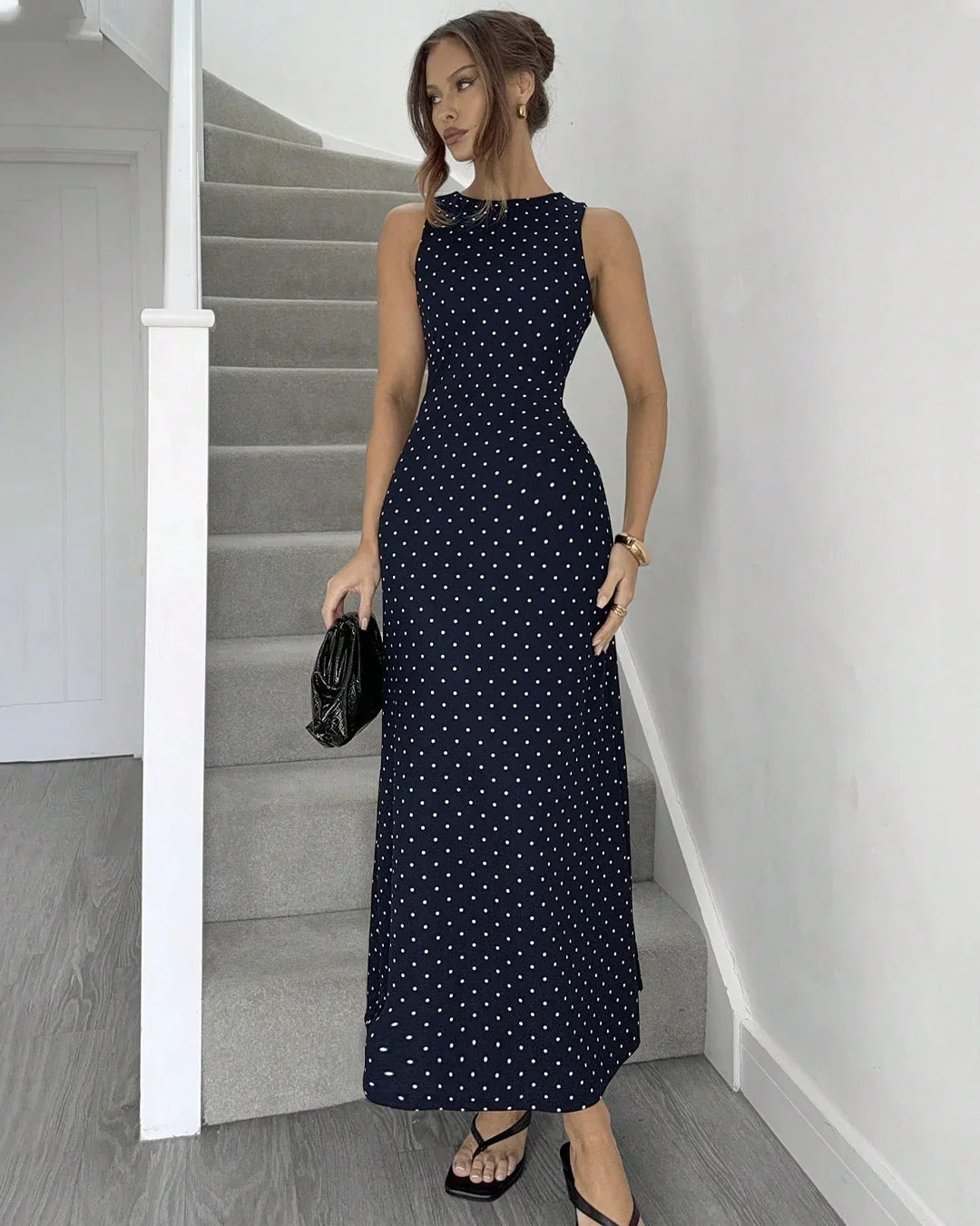 Navy Blue Polka Dot Tie-Strap Open Back Maxi Dress