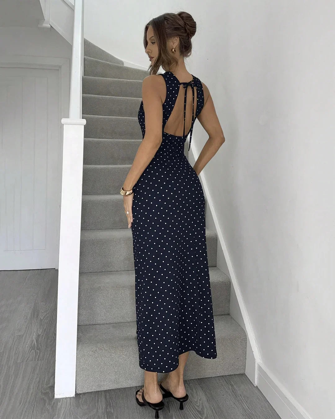 Navy Blue Polka Dot Tie-Strap Open Back Maxi Dress