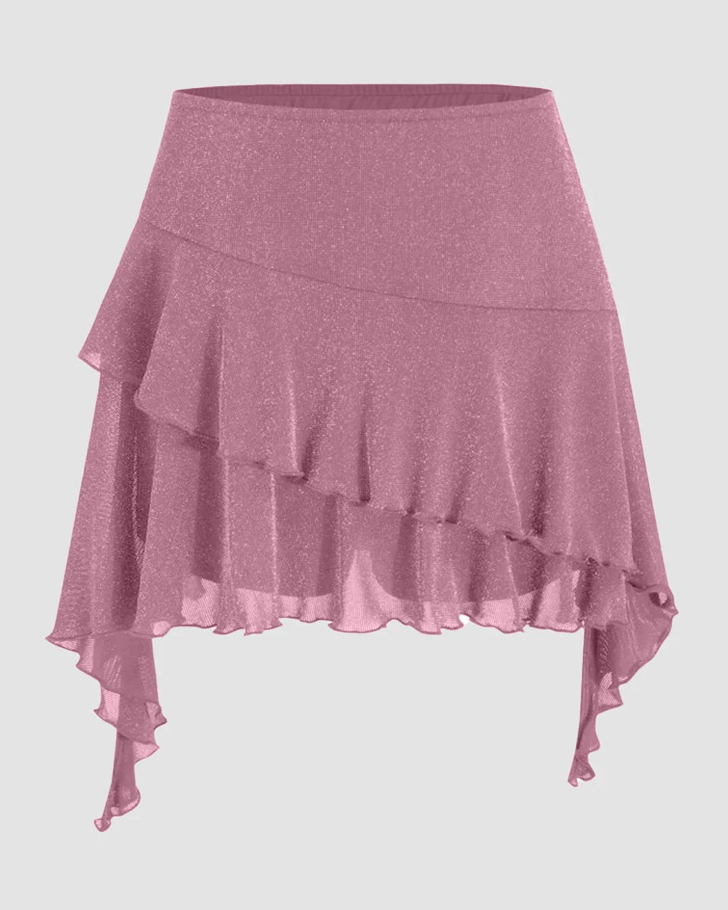 Mid Rise Glitter Ruffled Hem Layered Mini Skirt in Pink