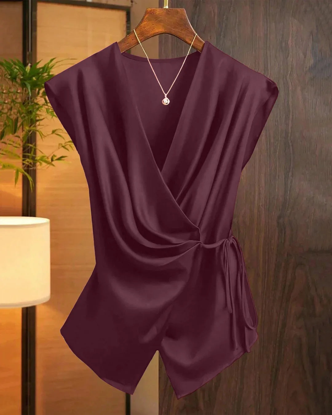 Maroon Solid Color Deep V-Neck Twist Knot Asymmetrical Top