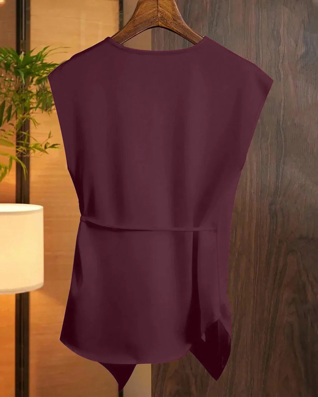 Maroon Solid Color Deep V-Neck Twist Knot Asymmetrical Top