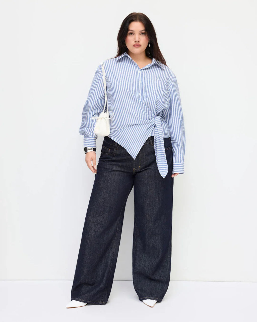 Collar Stripe Knotted Long Sleeve top Curve & Plus