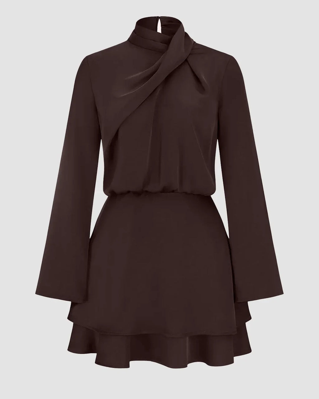 Long Sleeve Cross Neck Satin Tiered Mini Dress in Coffee