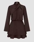 Long Sleeve Cross Neck Satin Tiered Mini Dress in Coffee