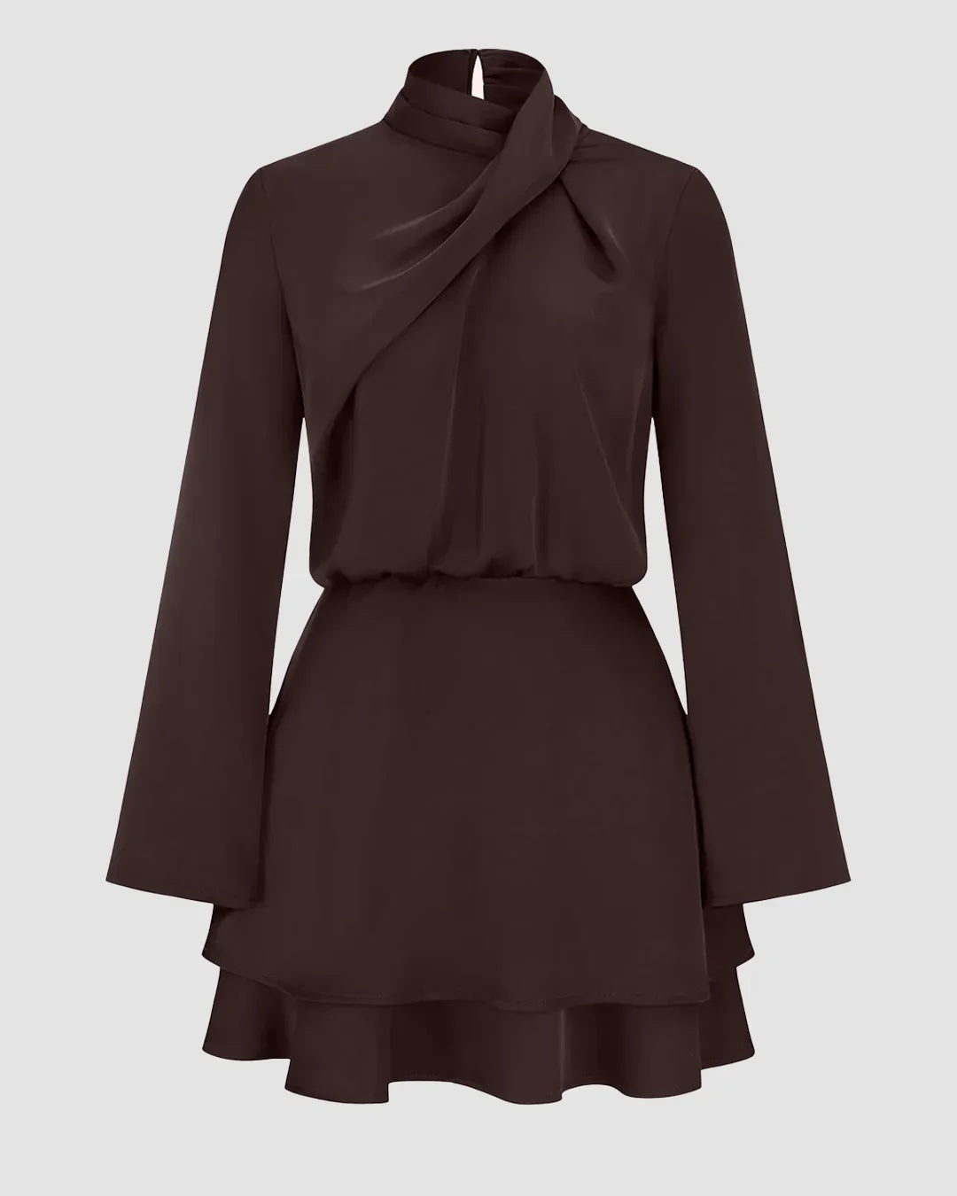 Long Sleeve Cross Neck Satin Tiered Mini Dress in Coffee