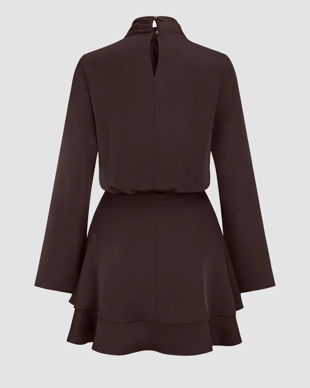 Long Sleeve Cross Neck Satin Tiered Mini Dress in Coffee