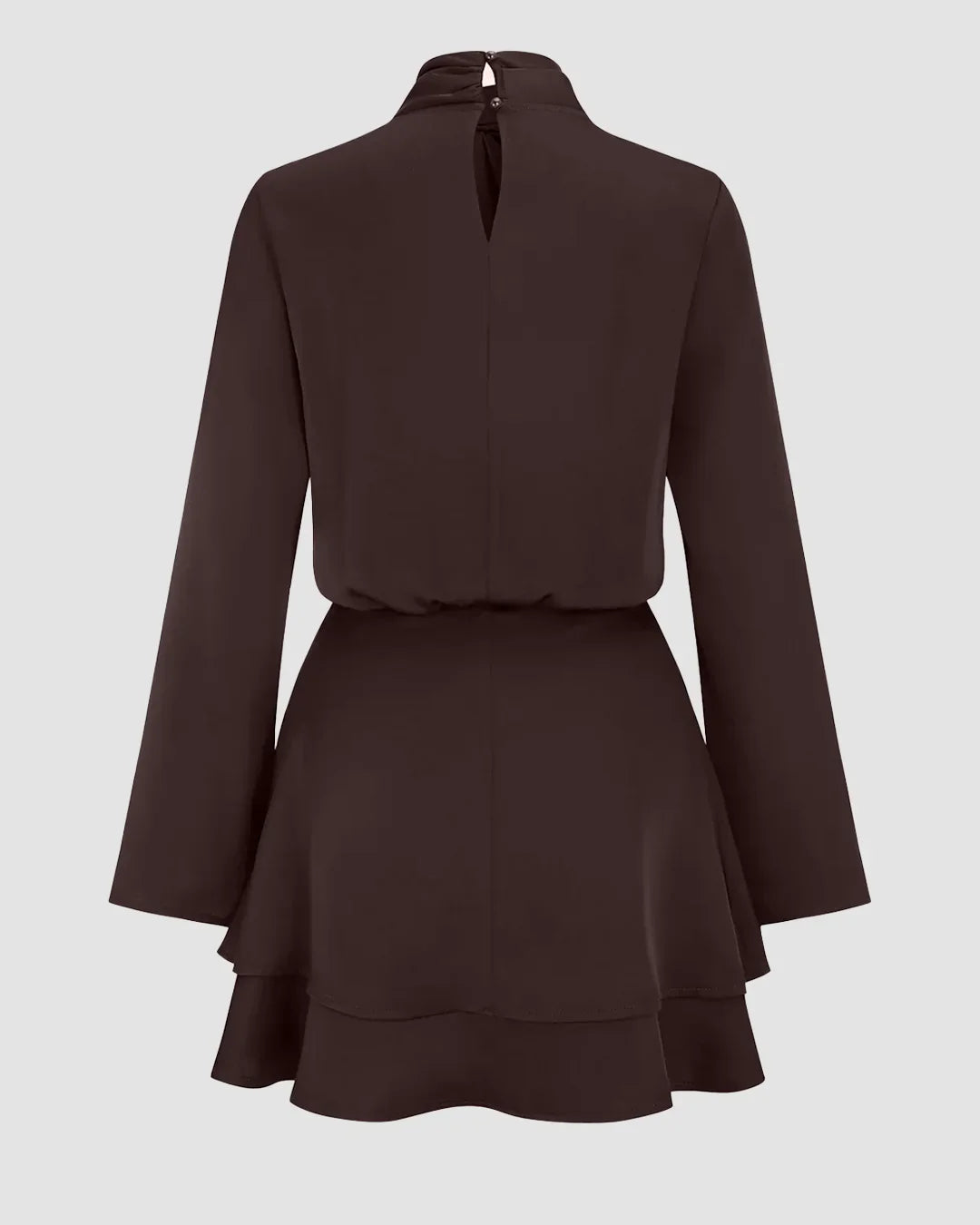 Long Sleeve Cross Neck Satin Tiered Mini Dress in Coffee