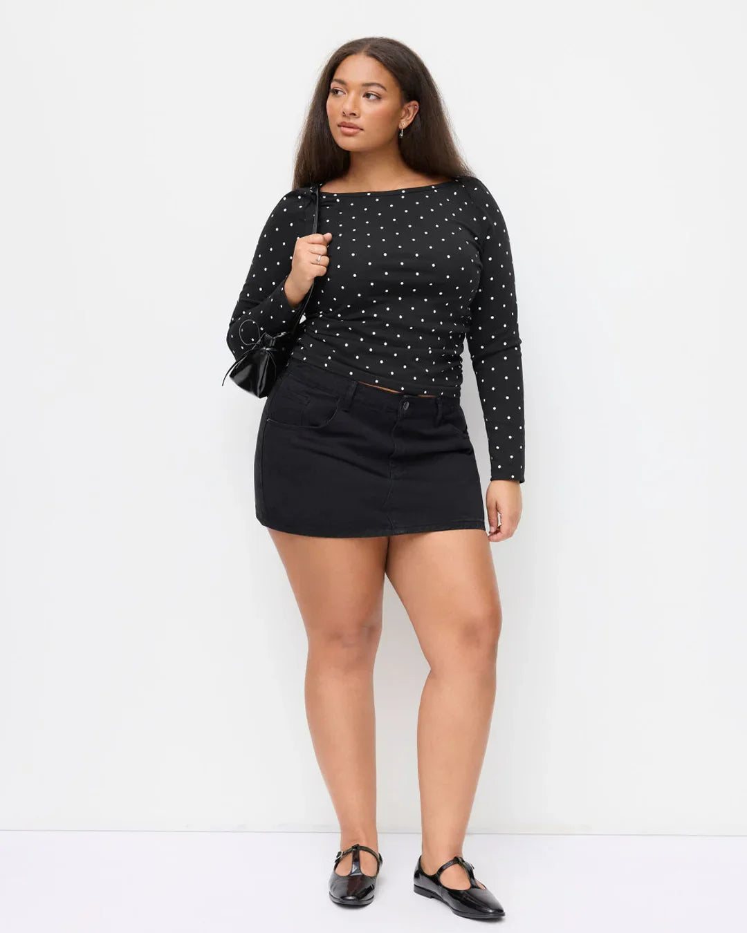 Polka Dot Boat Neck Ruched Top Curve & Plus