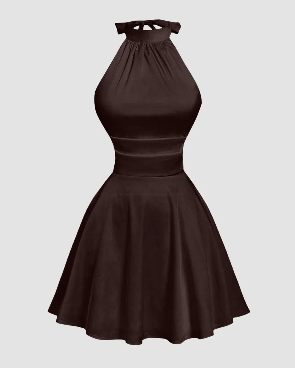 Brown Halter Neck Backless Ruched Mini Dress