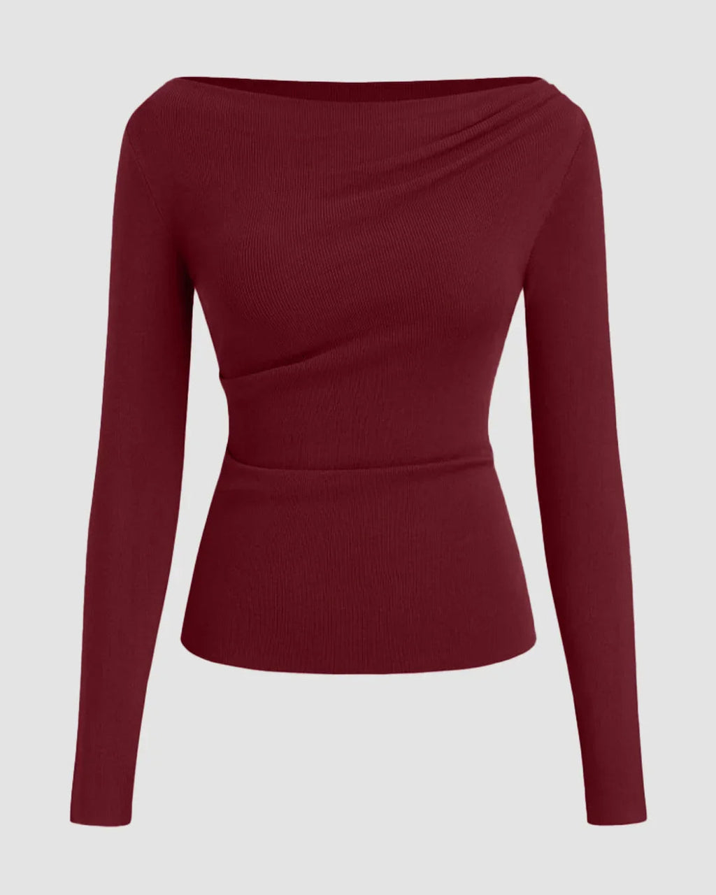 Knit Boat Neck Long Sleeve Ruched Top in Maroon