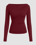 Knit Boat Neck Long Sleeve Ruched Top in Maroon