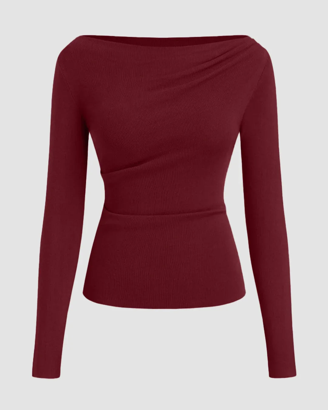 Knit Boat Neck Long Sleeve Ruched Top in Maroon