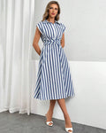 Blue & White Striped Collared Wrap A-Line Midi Shirt Dress