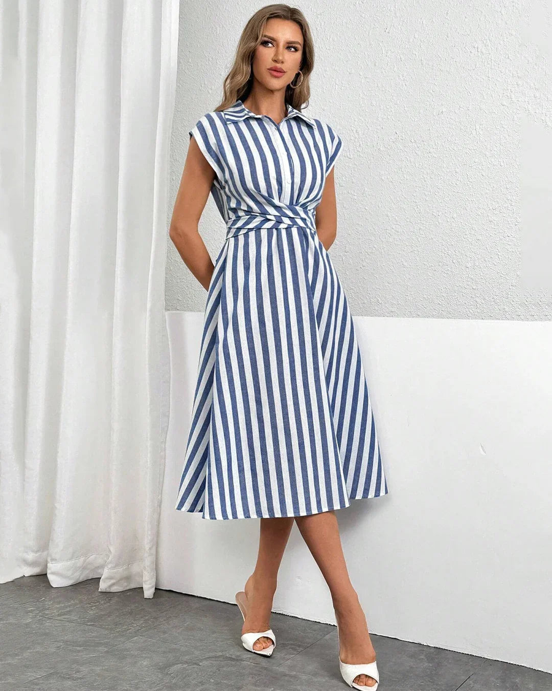 Blue & White Striped Collared Wrap A-Line Midi Shirt Dress