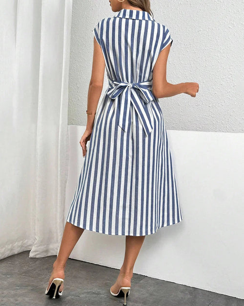 Blue & White Striped Collared Wrap A-Line Midi Shirt Dress
