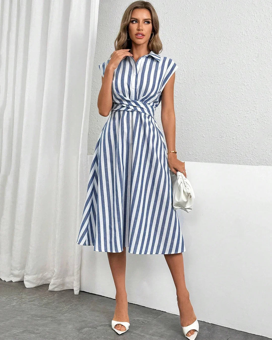 Blue & White Striped Collared Wrap A-Line Midi Shirt Dress