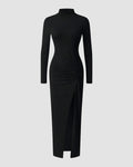 Black High-Slit Turtleneck Bodycon Maxi Dress