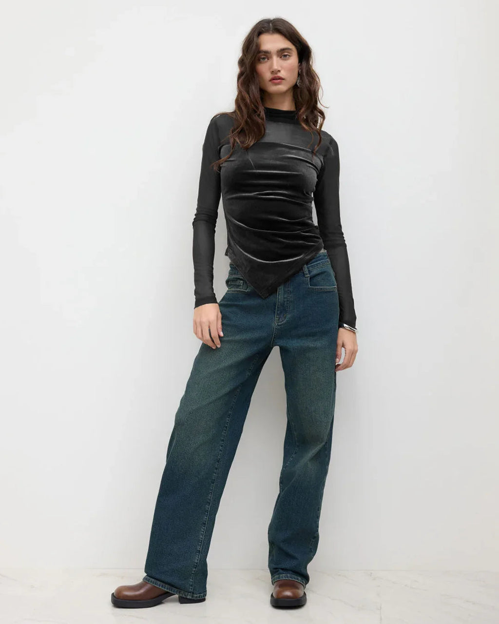 Velvet High Neck Patched Asymmetrical Ruched Top in Black